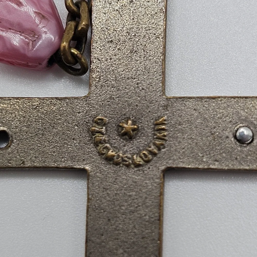 Vintage Czech Pink Glass Rosary Catholic Signed Czechoslovkia on Cross 22